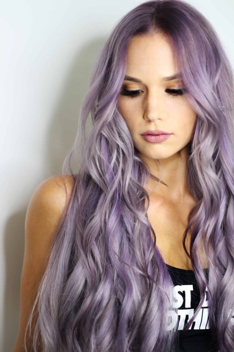 purple hair lady has amazing hair heat protection spray coloured hair