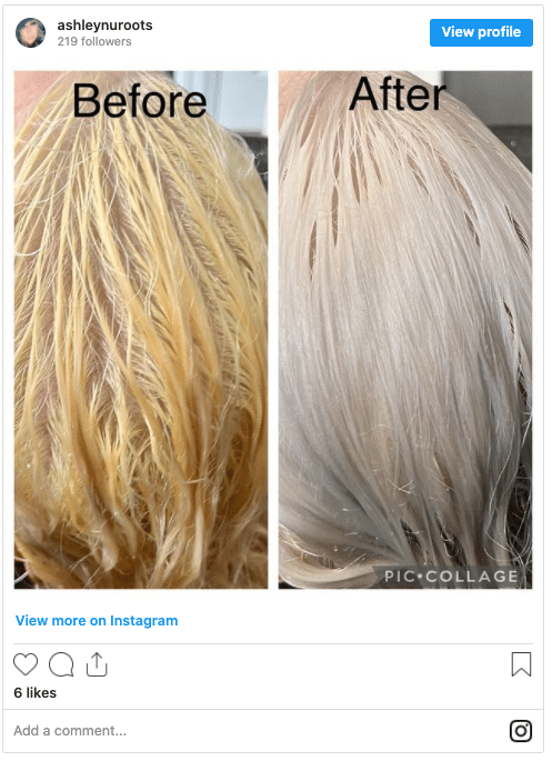 before and after toned blonde hair colour instagram post