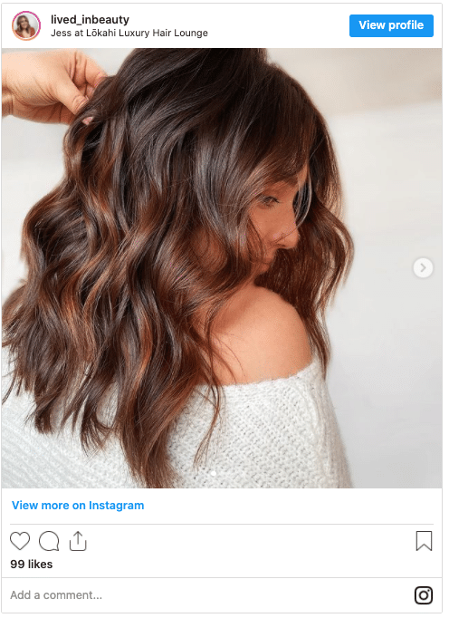 balayage chocolate and copper hair color instagram post