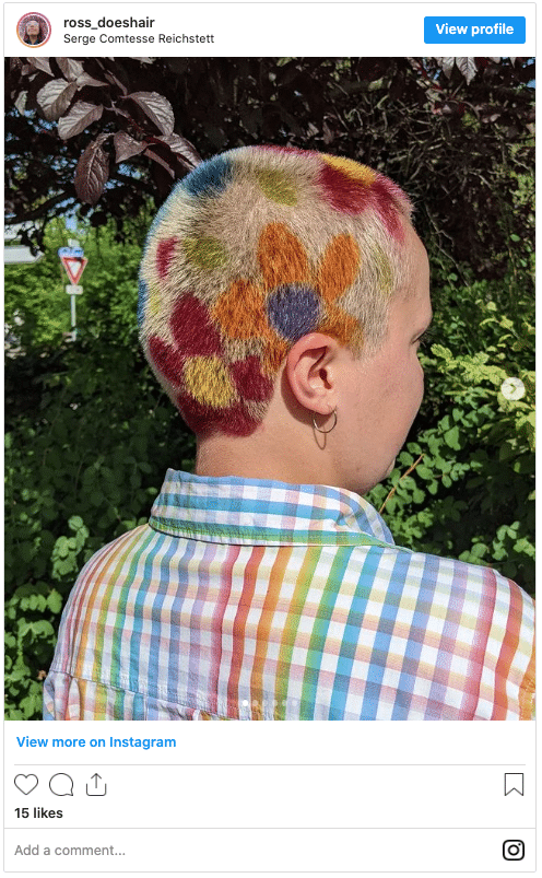 shaved head with flower designs instagram post