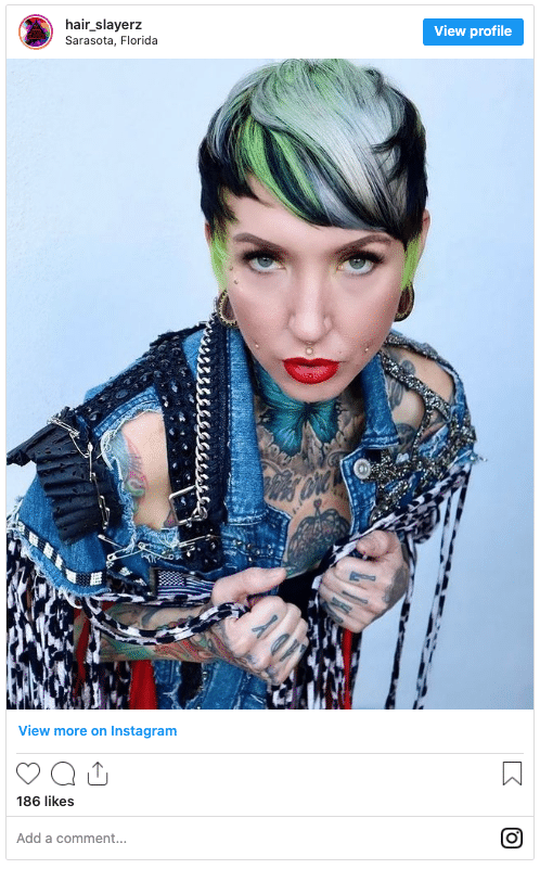 punk girl hair cut black mint green and blue instagram post