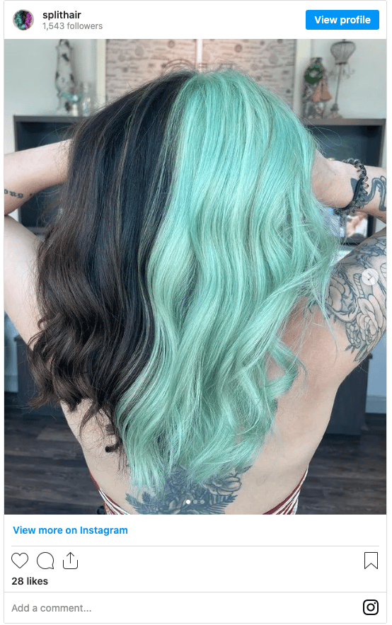split hair dye dark green instagram post