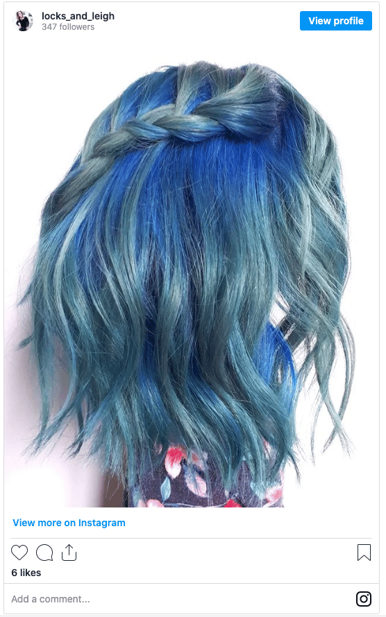 blue and teal hair colour instagram post
