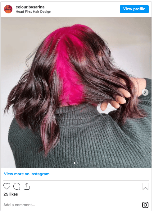 brown hair with magenta roots instagram post