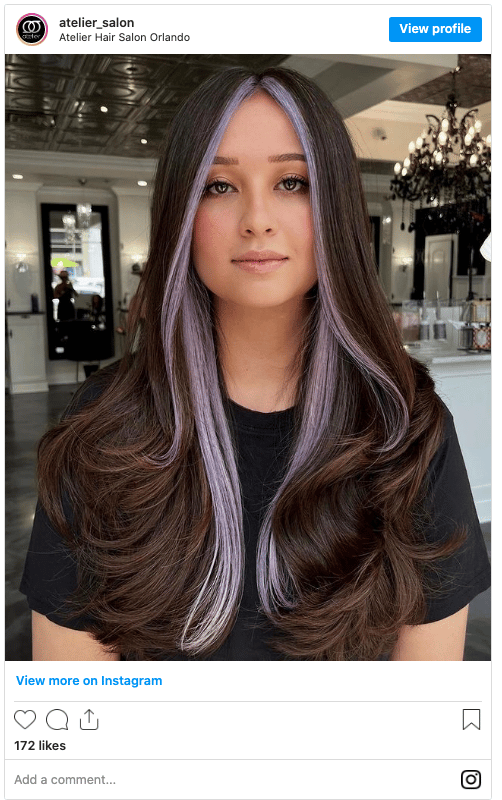 brown hair and purple streaks instagram post
