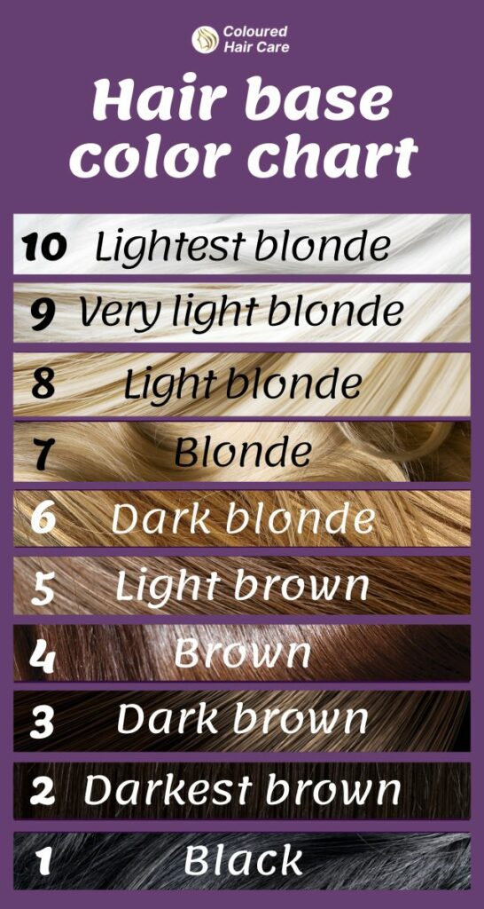 Hair base color chart inforgraphic
10 lightest blonde
9 very light blonde
8 light blonde
7 blonde
6 dark blonde
5 light brown
4 brown
3 dark brown
2 darkest brown