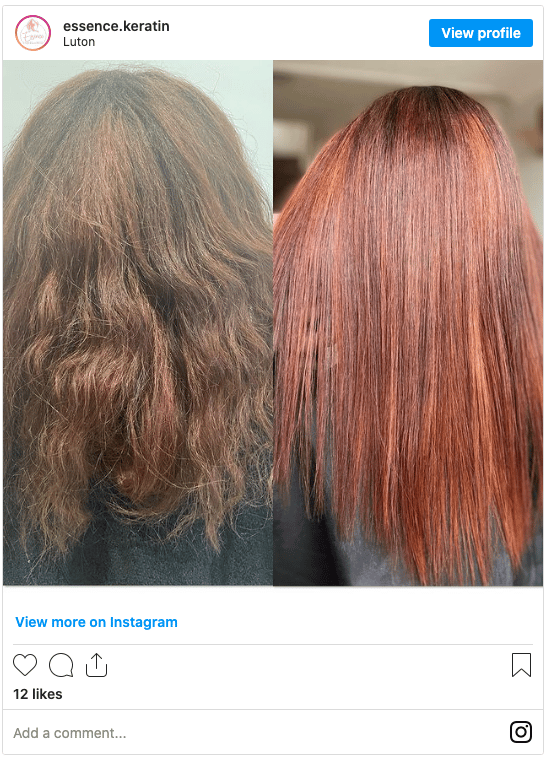 red hair before and after keratin treatment instagram post