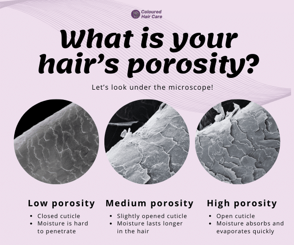What is your hair's porosity infographic.Closed cuticle
Moisture is hard to penetrate
Low porosity
Medium porosity
High porosity
Slightly opened cuticle
Moisture lasts longer in the hair
Open cuticle
Moisture absorbs and evaporates quickly