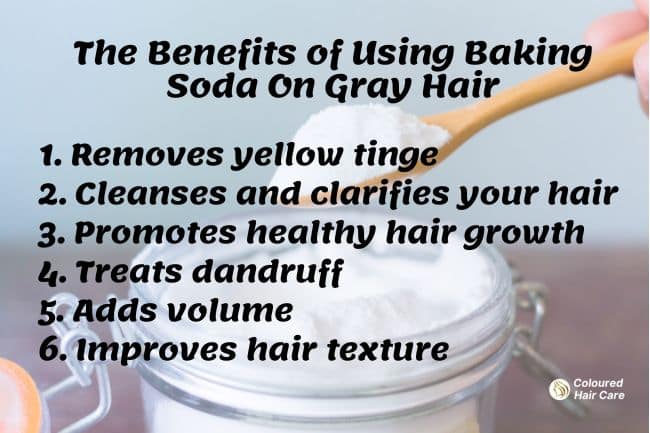 What Does Baking Soda Do To Gray Hair? 

Benefits of Using Baking Soda On Gray Hair Infographic

1. Removes Yellow Tinge

2. Cleanses And Clarify Your Hair

3.Promotes Healthy Hair Growth

4. Treats Dandruff

5. Adds volume

6.Improves hair texture

6 easy ways to use baking soda for gray hair.