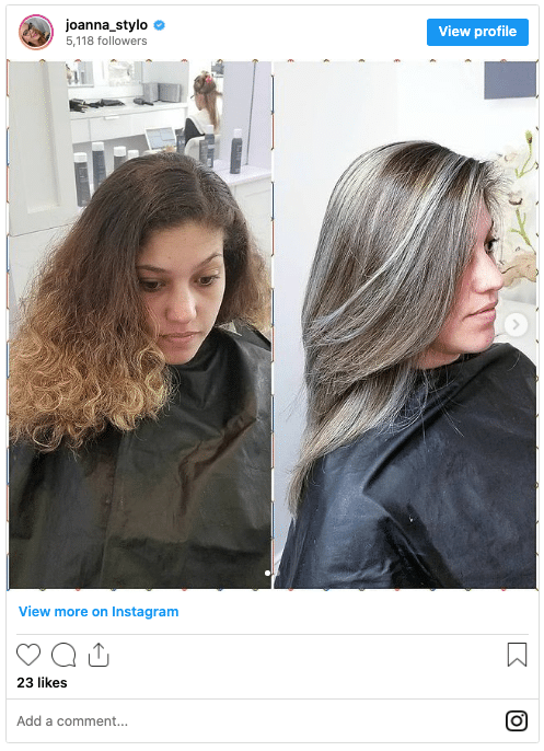 gray hair warm color before and after silver hair instagram post
