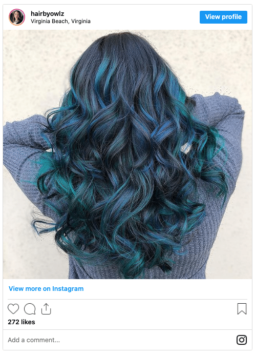 teak green and blue balayage highlights on black hair