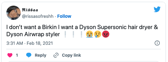 twitter - I don't want a Birkin I want a supersonic hair dryer and Dyson Airwrap Styler