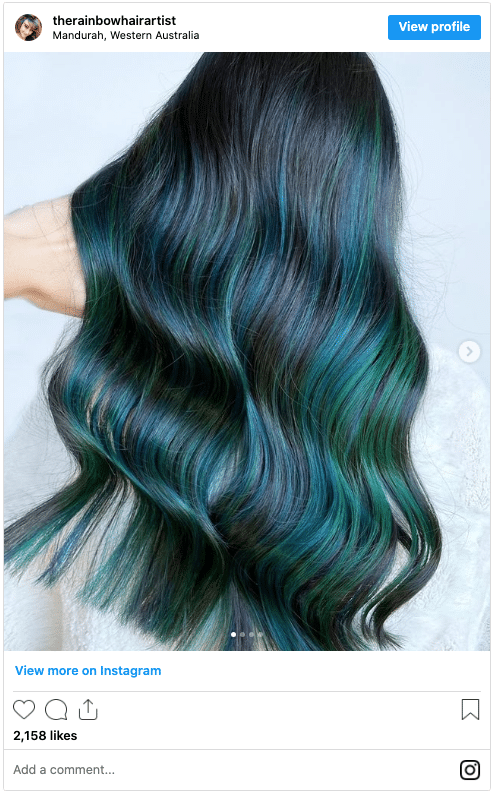 turquoise and emerald green hair streaks instagram post