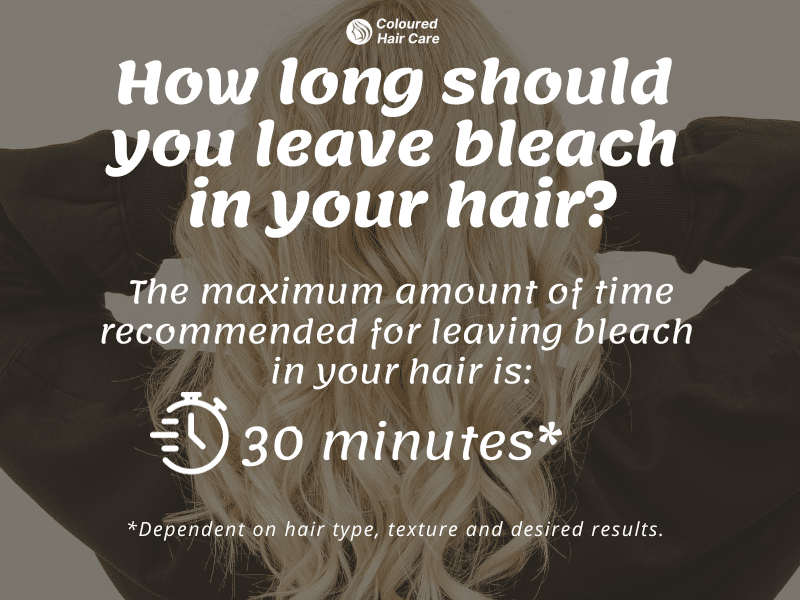 How long to leave bleach in your hair infographic.

The maximum amount of time recommended for leaving bleach in your hair is 30 minutes. This is so you don't damage your hair with long-term use.

dependent on the hair type, texture and desired reults.