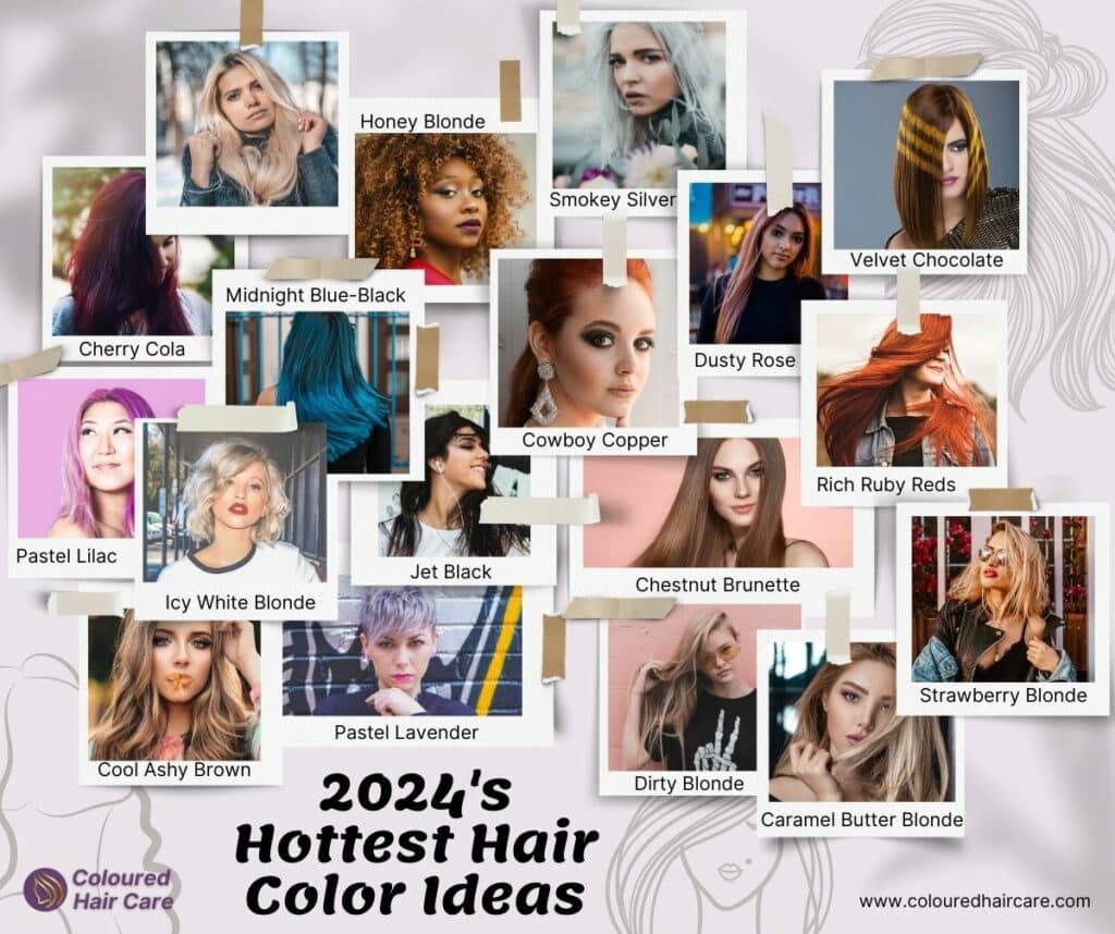 best hair colors for 2024 mood board containing all trending hair colors