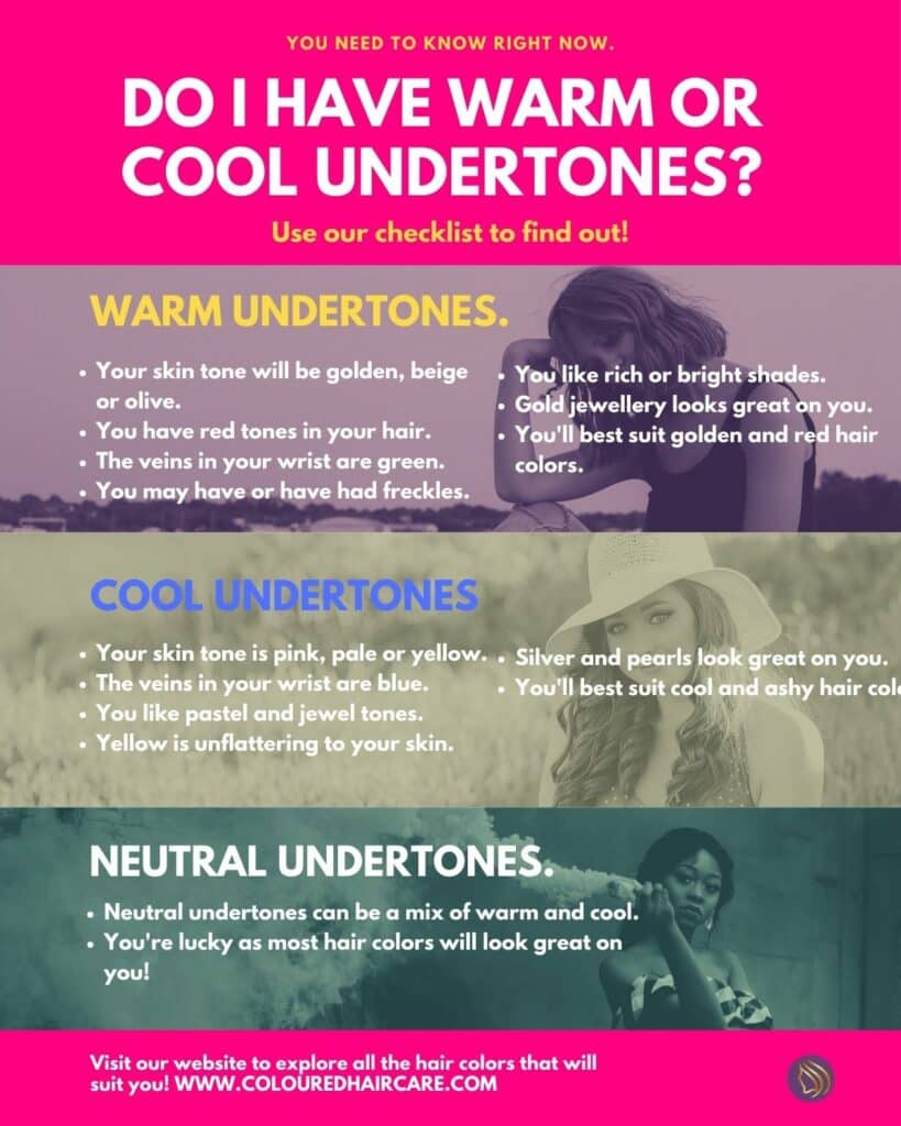 do i have warm or cool skin tones infographic:Will pink hair suit me?

Shocking, sweet, baby, hot or soft, there's a shade for every skin tone. If you want to get this colour, you need to start with your knowing your undertones- are you cool or warm? 

You can use our checklist to see find out which undertone you are.

If you have warm undertones:

You have red or golden undertones in your hair.

Your skin tone will be golden, tan or olive.

You have green veins in your wrist.

You suit bright or rich shades.

You probably have freckles.

Gold jewellery looks awesome on you.

Choose warm shades like pretty pastels, neons and bold, hot pinks.

If you have cool undertones:

Your skin tone is pale.

You prefer wearing jewel and pastel colours.

The colour yellow does not look good on you.

You have blue veins in your wrist.

Pearls and silver jewellery look awesome on you.

Choose cool, richer colours like Deep rose gold hair dye, fuschia, dusty pink and ravishing raspberry.