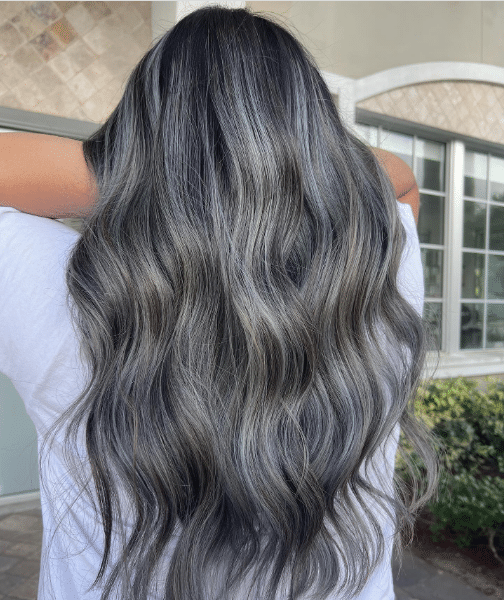 Gray Blending For Dark Hair - soft gray balayage highlights instagram post