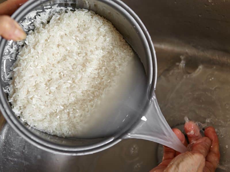 Can You Use Rice Water on Color-Treated Hair- rice being rinsed in the sink with water