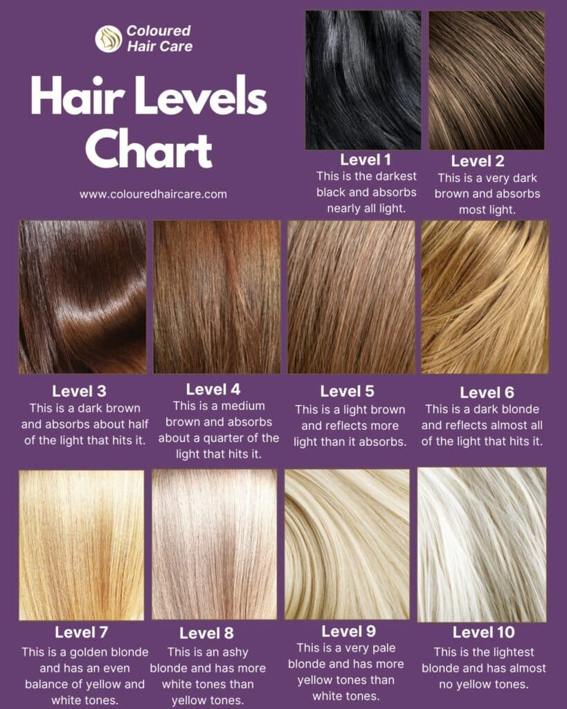 Hair levels chart infographic - This is the darkest black and absorbs nearly all light.
Level 1
This is a very dark brown and absorbs most light.
Level 2
This is a golden blonde and has an even balance of yellow and white tones.
Level 7
This is an ashy blonde and has more white tones than yellow tones.
Level 8
This is a very pale blonde and has more yellow tones than white tones.
Level 9
This is the lightest blonde and has almost no yellow tones.
Level 10
Hair Levels Chart
This is a dark brown and absorbs about half of the light that hits it.
Level 3
This is a medium brown and absorbs about a quarter of the light that hits it.
Level 4
This is a light brown and reflects more light than it absorbs.
Level 5
This is a dark blonde and reflects almost all of the light that hits it.
Level 6
www.colouredhaircare.com